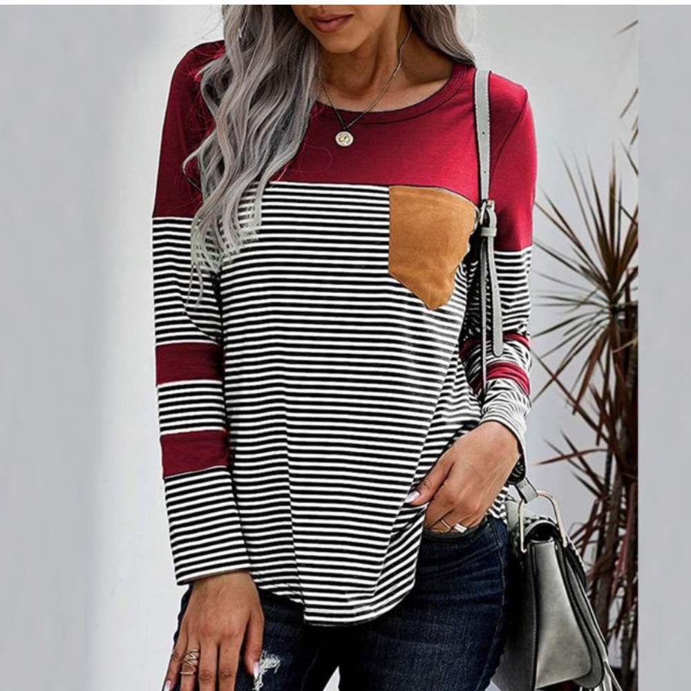 My Beloved Women’s Maroon V-Neck Striped Long Sleeve Top S